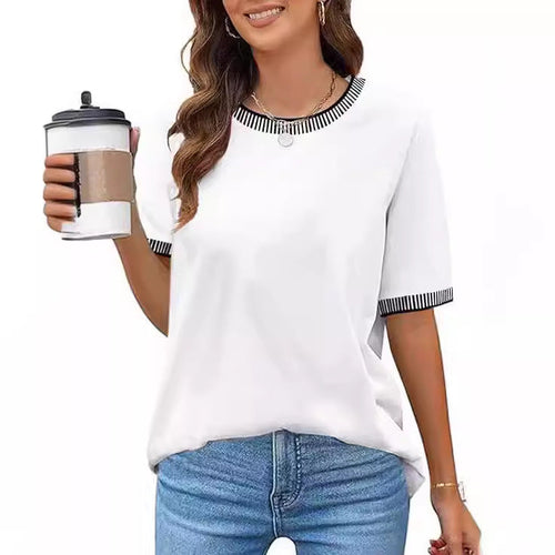 Damen Lässiges Kurzarm-Shirt mit Modischem Streifenkragen R&B