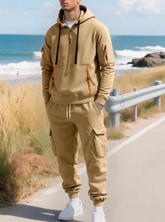 Herren nan lässiger Halbzip Hoodie mit Kängurutasche und Cargo Jogginghose mit Reißverschlussdetails R&B
