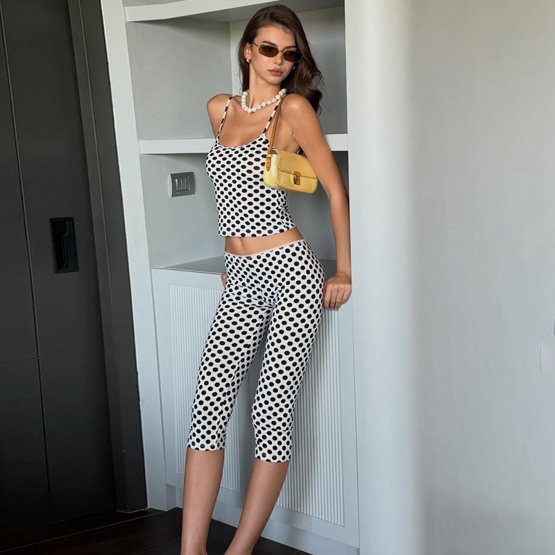 Damen modisches Polka-Dot-Outfit Set mit Crop-Top und knöchellangen Leggings R&B