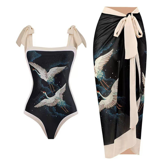 Damen Einteiliger Badeanzug mit stilvollem Wickelrock und modischem Muster R&B