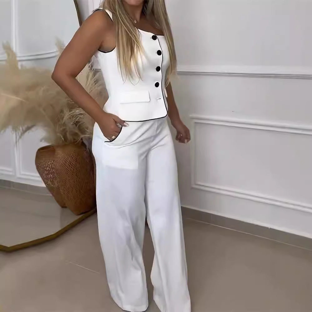 Damen Elegantes Zweiteiliges Outfit mit Schmuckknöpfen und weit geschnittenen Hosen R&B