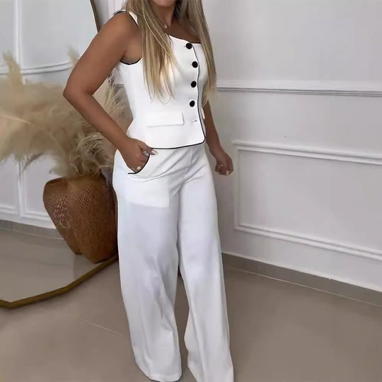 Damen Elegantes Zweiteiliges Outfit mit Schmuckknöpfen und weit geschnittenen Hosen R&B