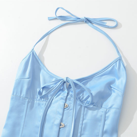 Damen Satin-Nachtkleid mit dekorativen Bindebändern und Knopfleiste R&B