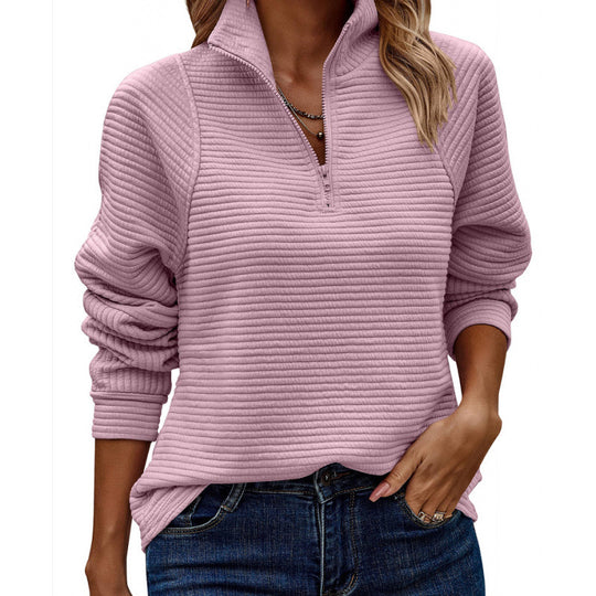 Damen kuscheliger Stepp-Pullover mit hohem Kragen und halbem Reißverschluss R&B