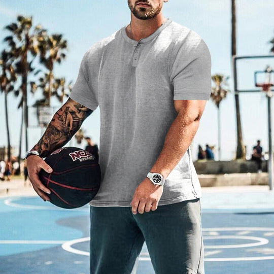 Herren lässiges Kurzarm-Henley-Shirt mit hochwertigem Baumwoll-Mix und praktischem Knopfdesign R&B