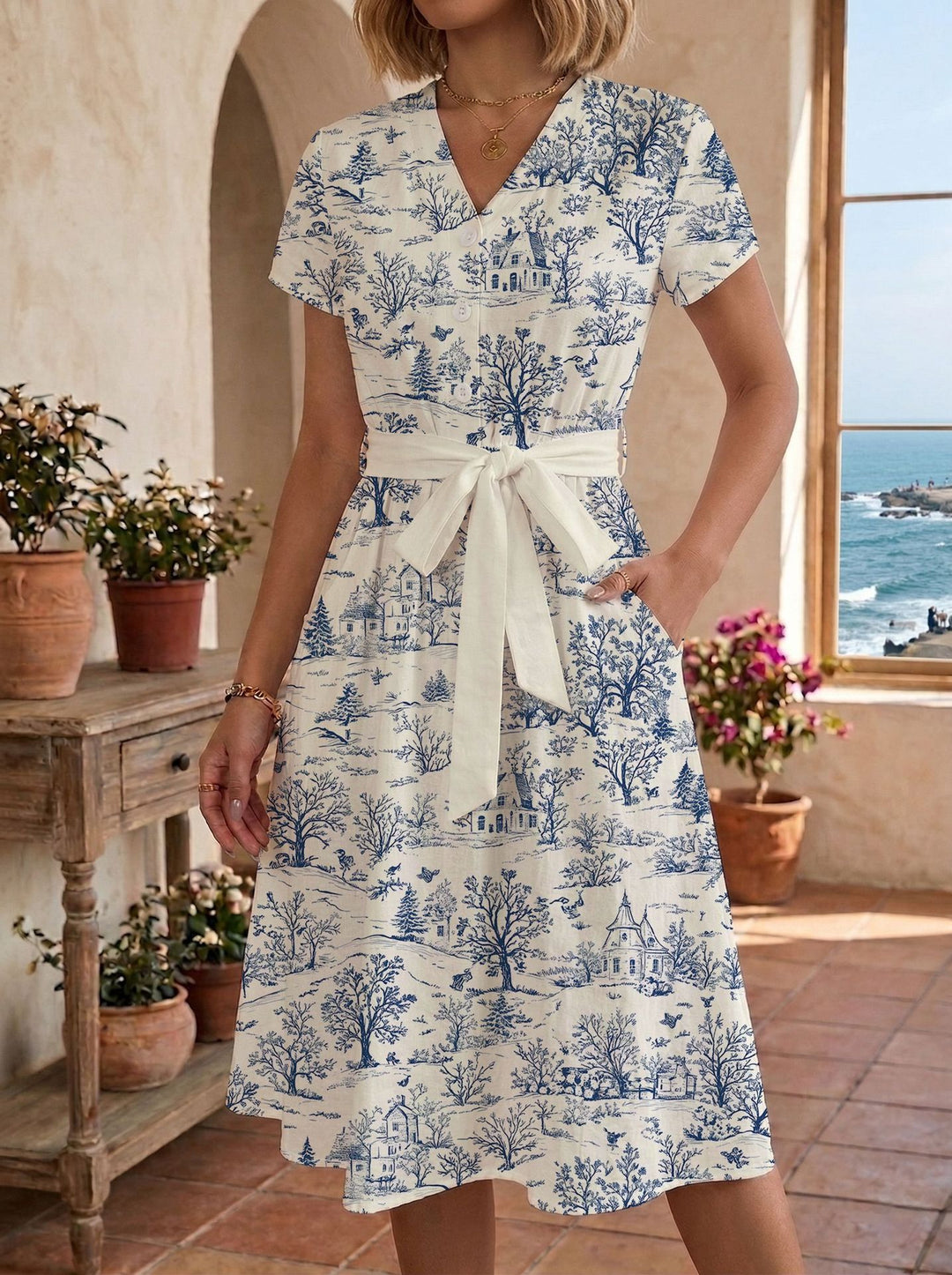 Damen Sommerliches Kleid mit taillierbarem Bindegürtel und floralem Muster R&B