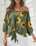 Damen Off-Shoulder Bluse mit floralem Design und Bindegürtel R&B