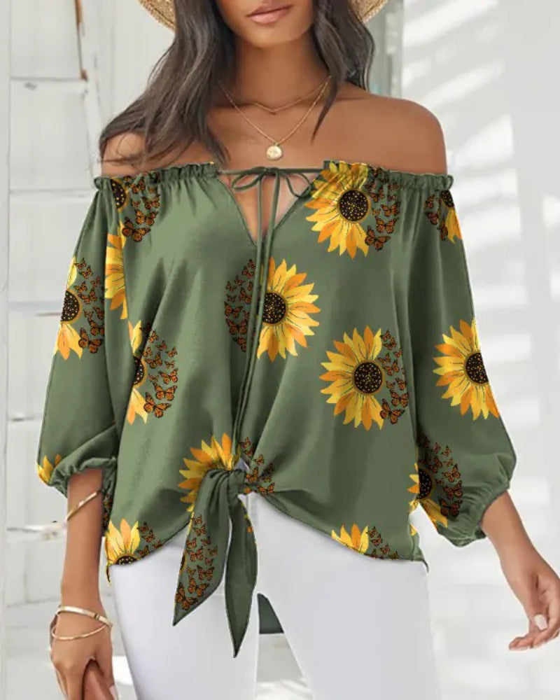 Damen Off-Shoulder Bluse mit floralem Design und Bindegürtel R&B