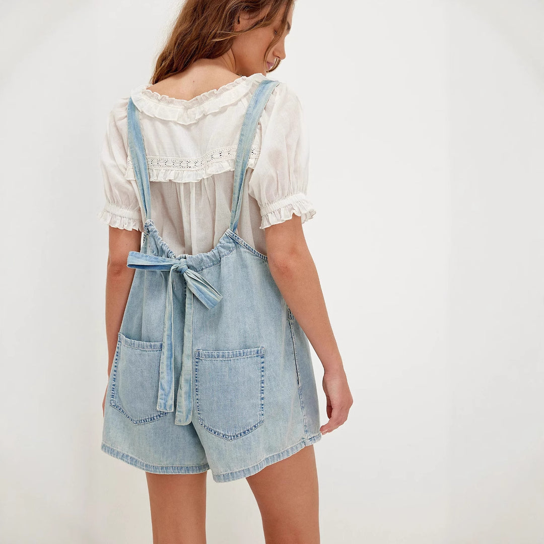 Damen Denim-Jumpsuit mit verspieltem Schnitt und verstellbaren Trägern R&B