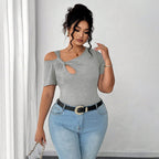 Damen Figurbetontes Kurzarm-Body mit asymmetrischem Ausschnitt und Knotendetail R&B