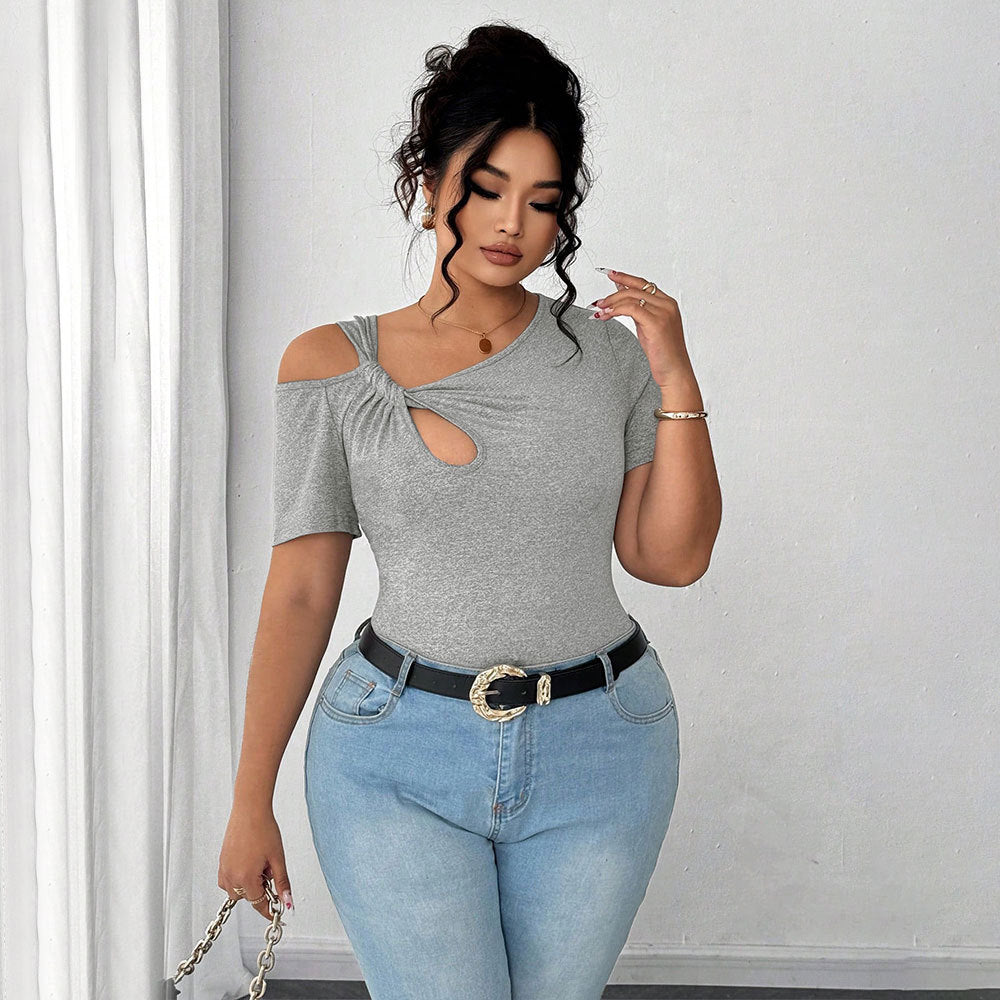 Damen Figurbetontes Kurzarm-Body mit asymmetrischem Ausschnitt und Knotendetail R&B