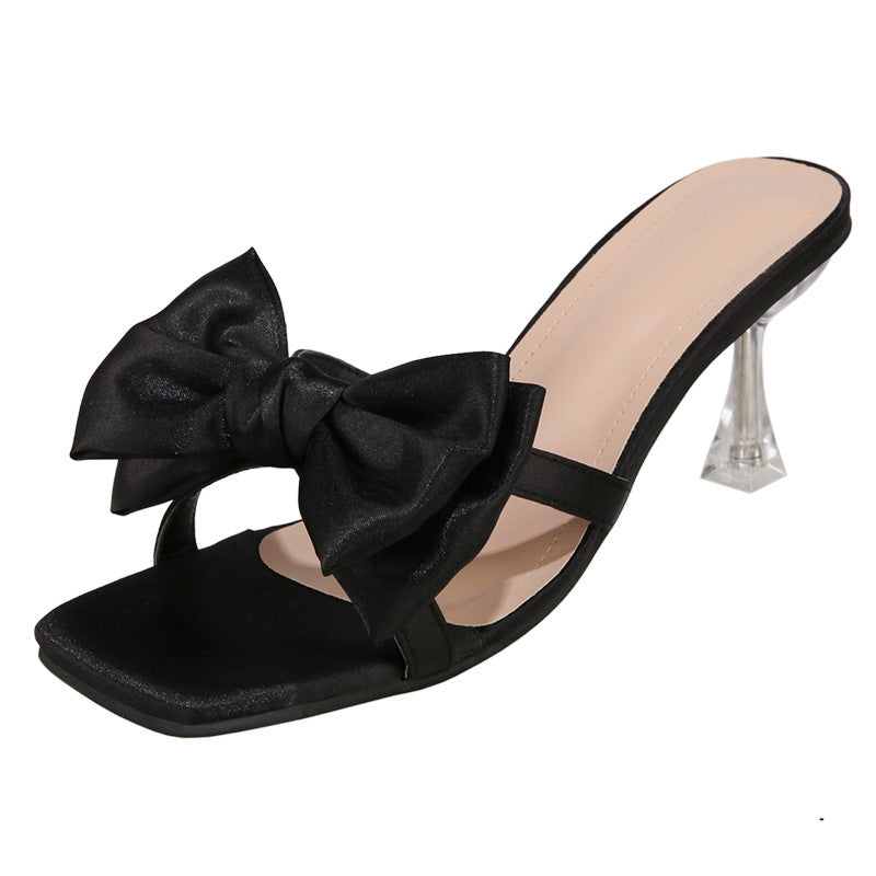 Damen High Heel Pantoletten mit eleganter Schleifen-Applikation und glitzerndem Absatz R&B