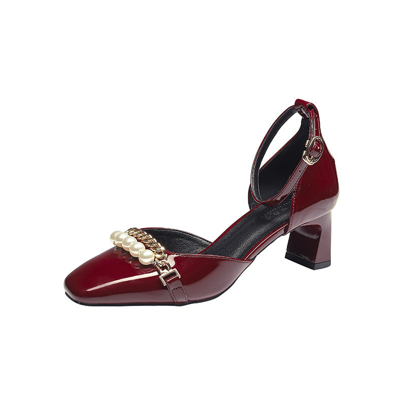 Damen elegante Mary Jane Pumps mit modischem Perlen- und Kettendetail R&B