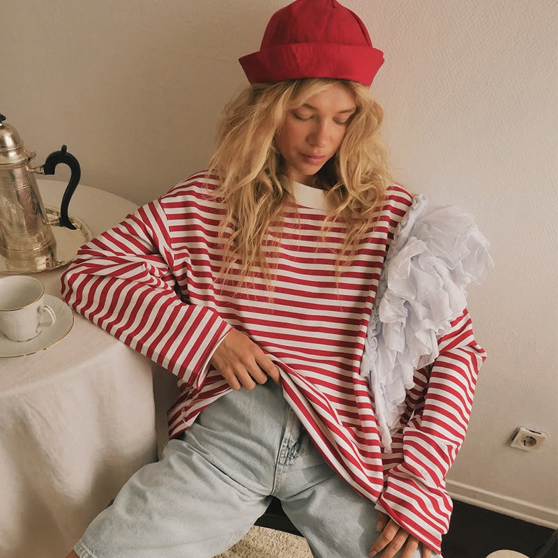 Damen Oversize Streifenpullover mit Rüschendetails R&B