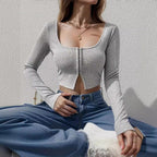 Damen Cropped Oberteil mit Reißverschluss und langem Arm R&B