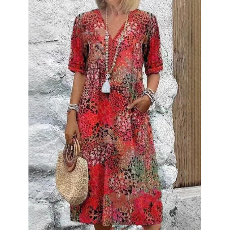 Damen Strandkleid im lässigen Stil mit Taschen und V-Ausschnitt R&B
