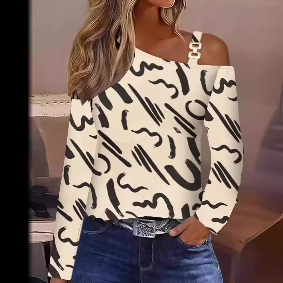Damen Off-Shoulder Oberteil mit modischem Muster und dekorativen Trägern R&B