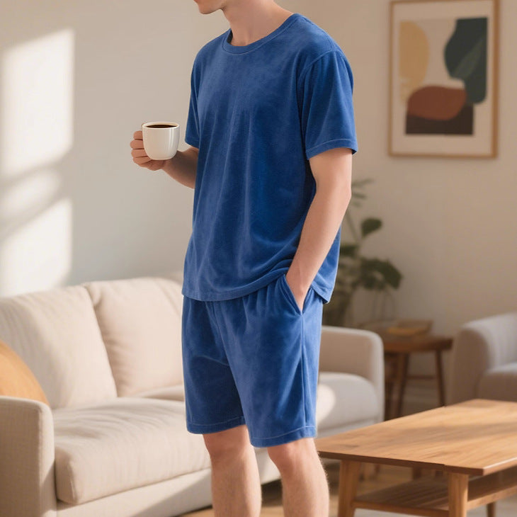 Herren nan Samtvelours Lounge-Set mit Rundhals-Kurzarmshirt und Kordelshorts R&B