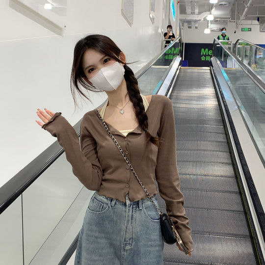 Damen langärmliges Crop-Top mit Knopfverschluss und elegantem Design