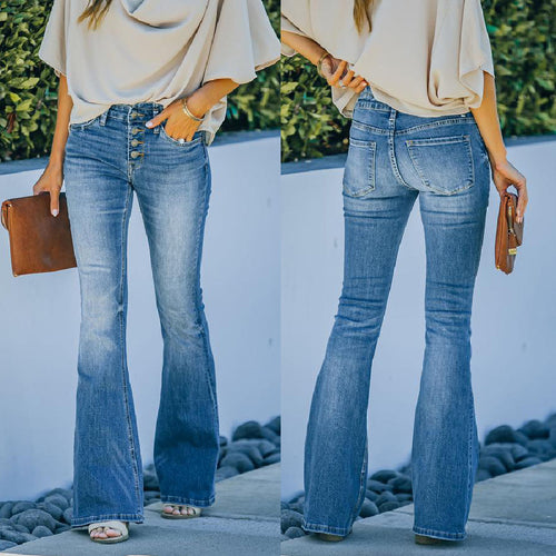 Damen High-Waist Flared Jeans mit dekorativen Knöpfen R&B