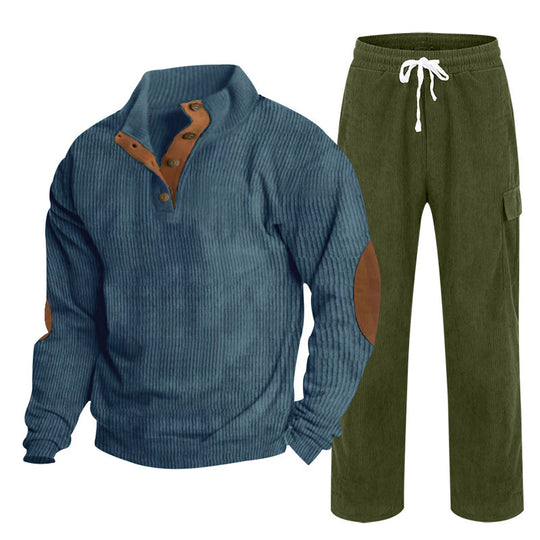 Herren nan strukturiertes Feinstrick-Halbknopf-Pullover und Feincord-Cargo-Zweiteiler R&B