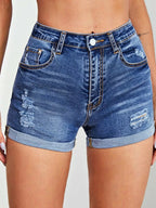Damen Hoch geschnittene Denim-Shorts mit stylischen Distressed-Details R&B