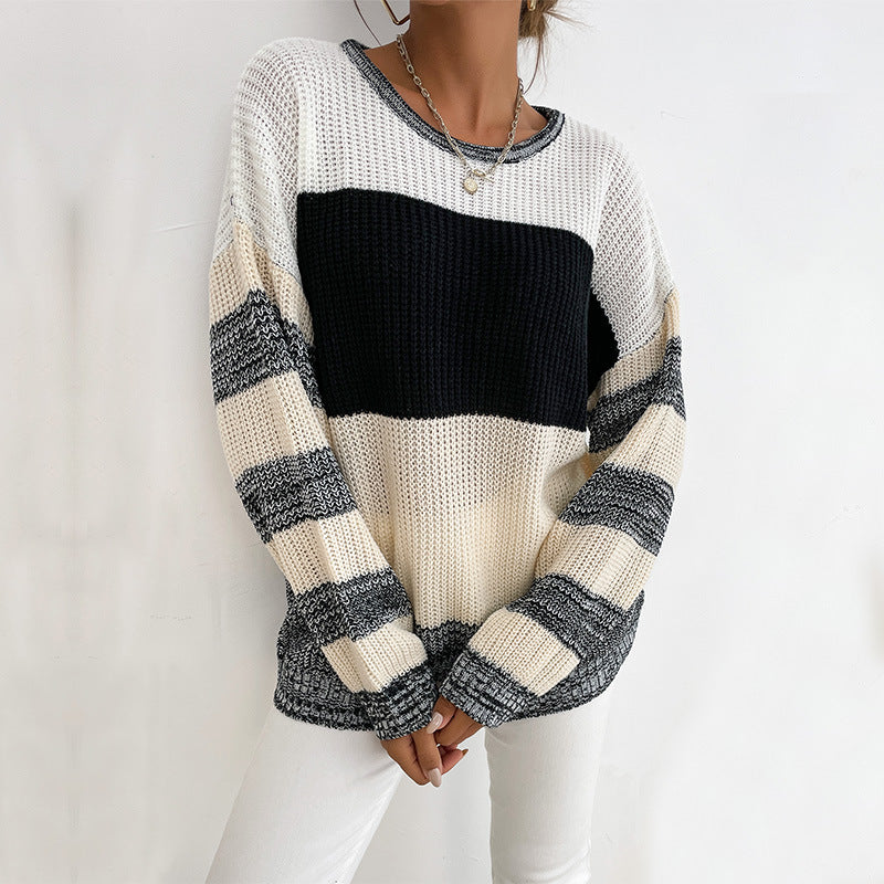 Damen lockerer Strickpullover mit trendigen Blockstreifen und V-Ausschnitt R&B
