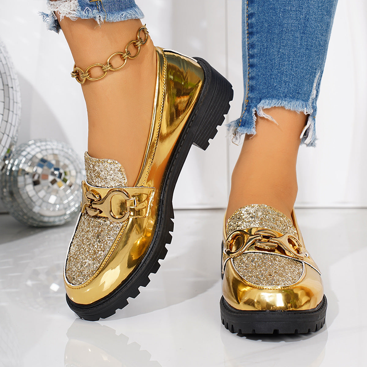 Damen Glitzernde Mokassins mit modischem Kettenakzent und rutschfester Sohle R&B