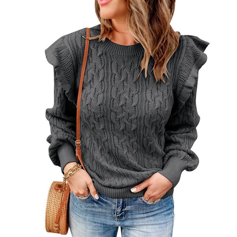 Damen Grobstrickpullover mit Rüschenärmeln und modischem Muster R&B