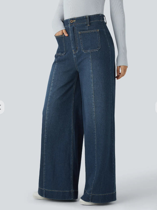Damen nan hochgeschnittene Jeans-Palazzohose mit weitem Bein und aufgesetzten Fronttaschen R&B