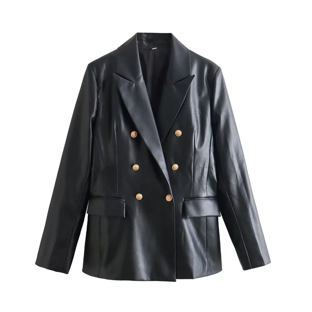 Damen elegante Kunstleder-Blazerjacke mit doppelter Knopfleiste und goldenen Akzenten R&B