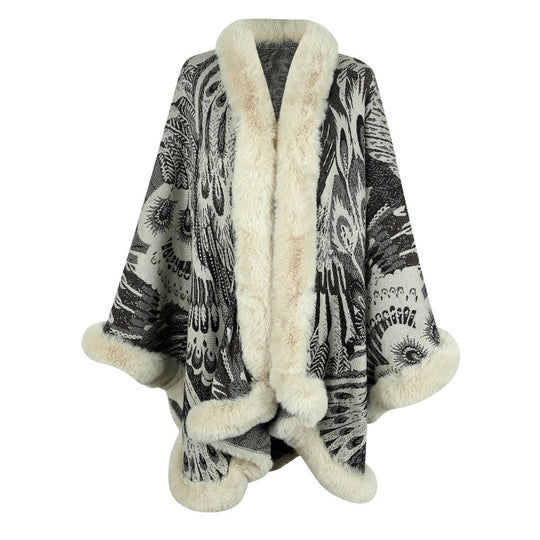 Damen luxuriöser Poncho mit dekorativem Fleece-Wärmeschutz R&B