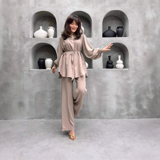 Damen elegantes Set mit langer Bluse und weitem Hosen R&B