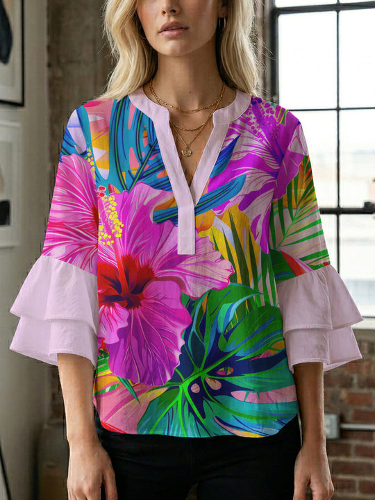 Damen Bluse mit voluminösen Rüschenärmeln und floralem Muster R&B