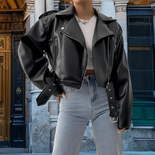 Damen Kunstleder Bikerjacke mit weitem Schnitt und umfangreichen Details R&B