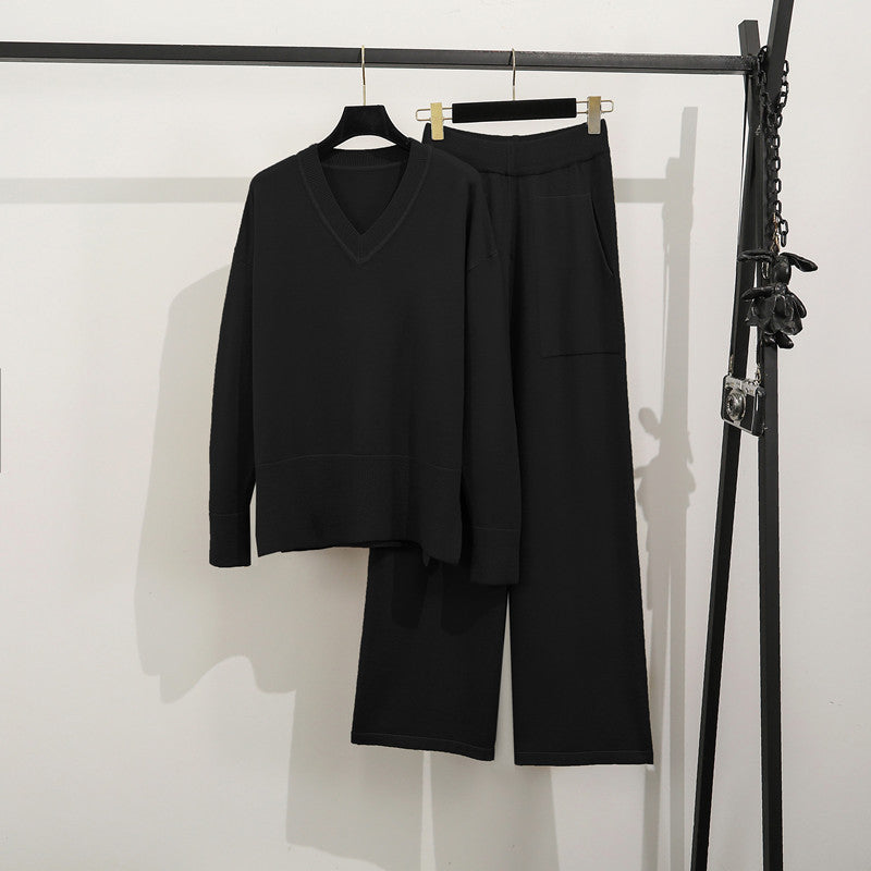 Damen lässiges Strick-Loungewear-Set mit tiefem V-Ausschnitt und praktischen Taschen R&B