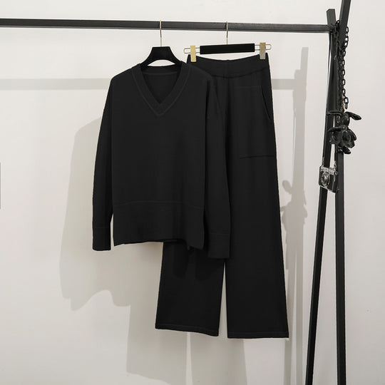 Damen lässiges Strick-Loungewear-Set mit tiefem V-Ausschnitt und praktischen Taschen R&B