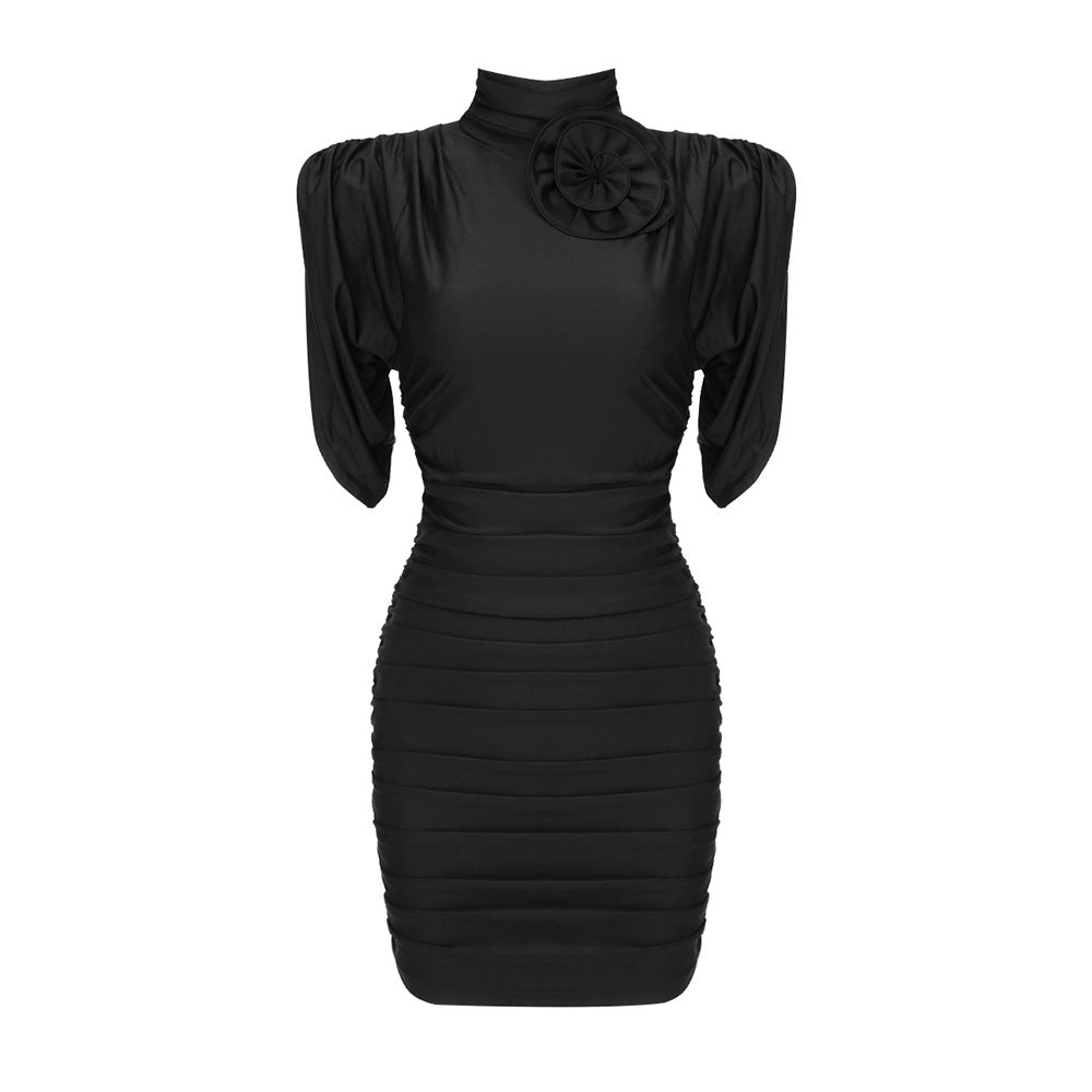 Damen figurbetontes Kleid mit hochgeschlossenem Kragen und Rüschen-Details R&B