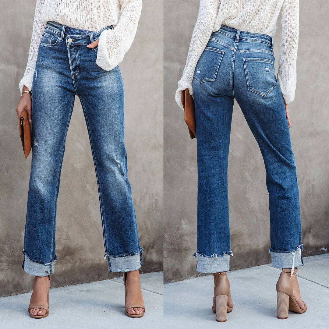 Damen lässige Flared Jeans mit modischen Fransen und hohem Bund R&B