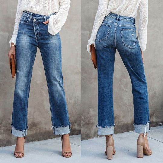 Damen lässige Flared Jeans mit modischen Fransen und hohem Bund R&B
