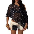 Damen nan einseitig schulterfreies Chiffon-Top mit Punkte-Mesh, bauchfreiem Schnitt und asymmetrischem Saum R&B