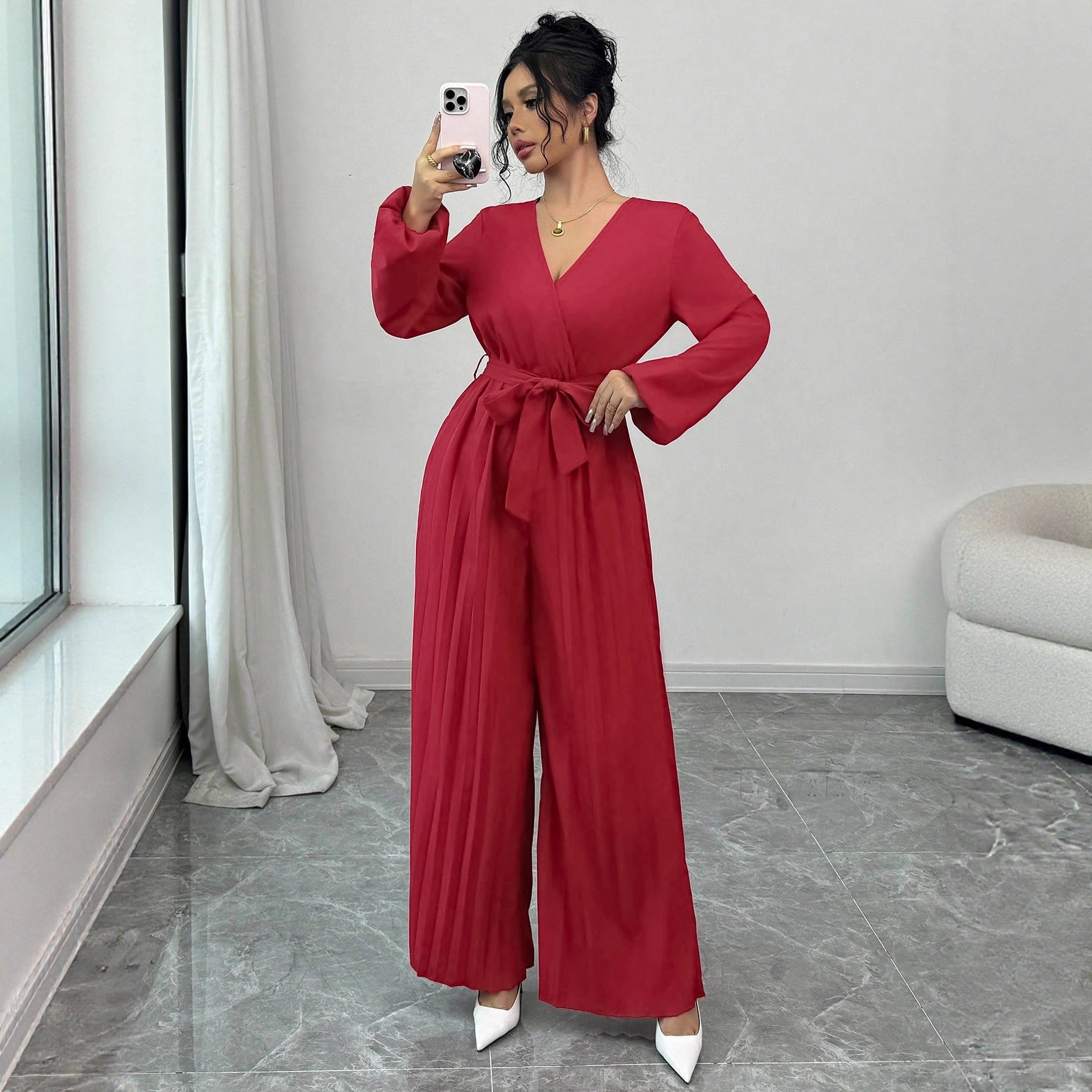 Damen Eleganter Jumpsuit mit taillierbarem Gürtel und plissiertem Schnitt R&B