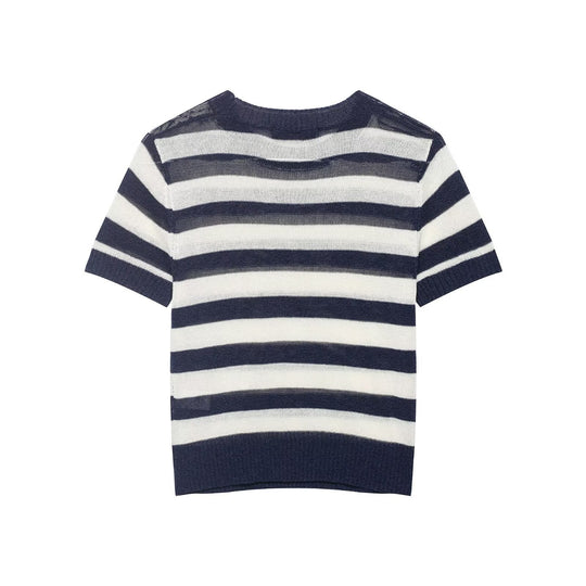 Damen lässiges Kurzarmshirt mit maritimem Streifenmuster und feiner Strickstruktur R&B