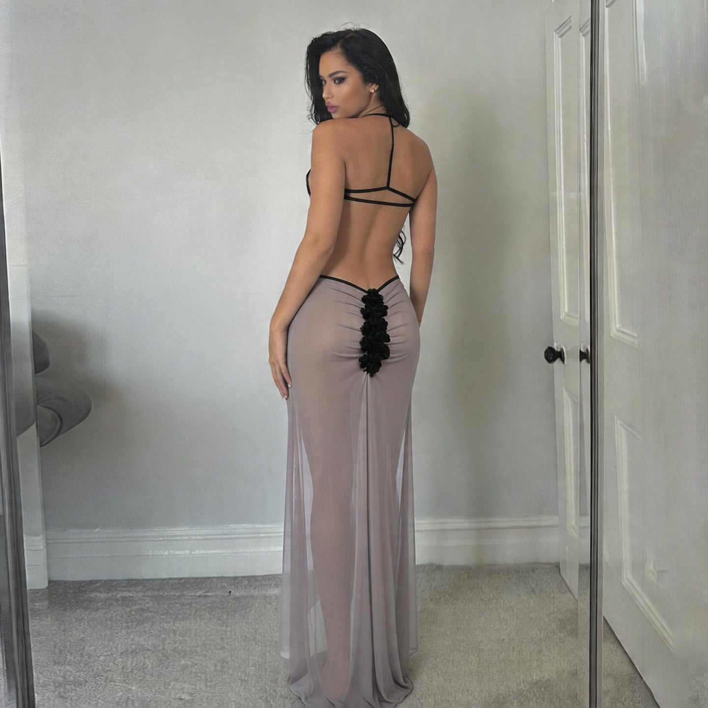 Damen Transparente Maxikleid mit verführerischem Cut-Out und sexy Rückenausschnitt R&B