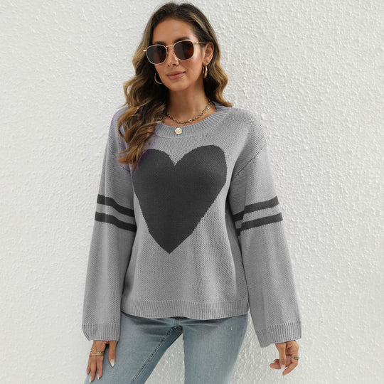 Damen Strickpullover mit Herzmotiv und lässigen Ärmelabschlüssen R&B