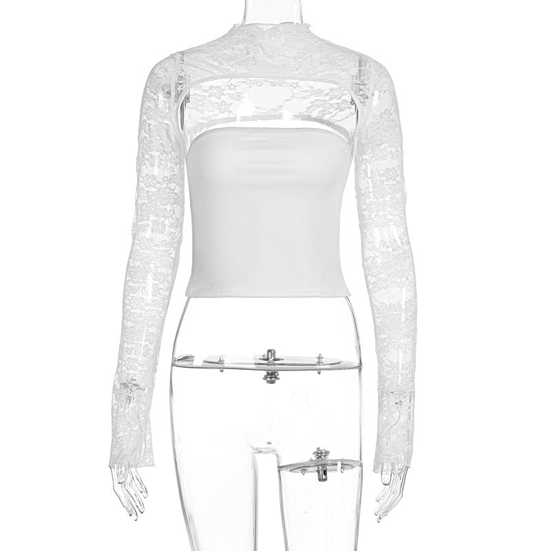 Damen Elegantes Oberteil mit transparenten Ärmeln und hochwertiger Spitze R&B