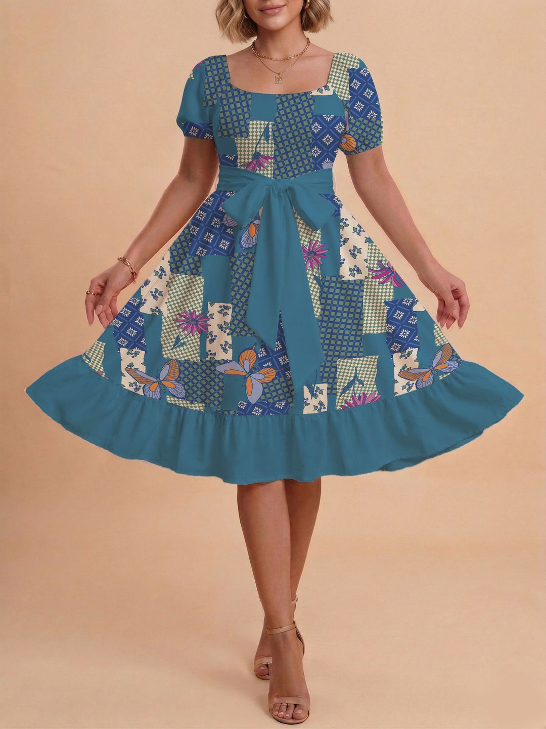 Damen Retro Maxikleid mit Puffärmeln und Taillengürtel R&B