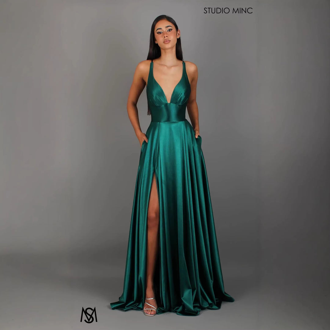 Damen Elegantes Maxikleid mit tiefem V-Ausschnitt und modischem Schlitz R&B