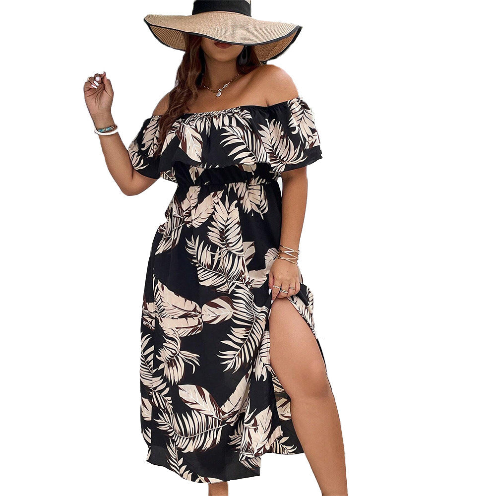 Damen Off-Shoulder Maxikleid mit raffinierten Rüschen und seitlichem Schlitz R&B