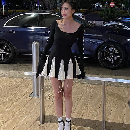 Damen Skaterkleid mit kontrastierenden Rüschendetails und lange Ärmel R&B
